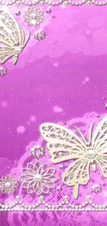 Purple wallpaper with silver butterflies.