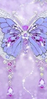 Elegant purple butterfly wallpaper with gems and lavender background.