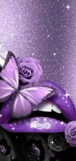 Purple butterfly and rose decorated wallpaper.