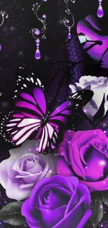 Mobile wallpaper with purple roses and butterflies in an elegant design.