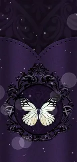 Elegant purple wallpaper with butterfly and Victorian design.