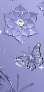 Purple wallpaper with flowers and butterflies design.