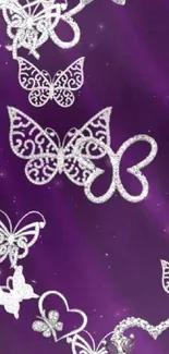 Elegant wallpaper with silver butterflies on a purple background.