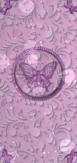 Purple butterfly with ornate floral design on wallpaper.