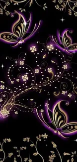 Elegant purple and gold butterfly design on dark background wallpaper.