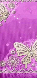 Purple and silver butterfly floral wallpaper design.