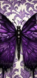 Purple butterfly on ornate background wallpaper.