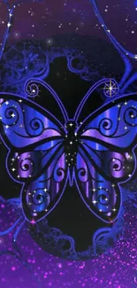 Purple butterfly design with intricate patterns and vibrant colors on a mobile wallpaper.