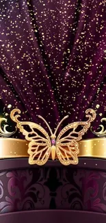 Elegant purple butterfly wallpaper with gold accents and intricate details.