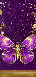 Purple and gold butterfly with ornate design on mobile wallpaper.