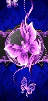 Purple butterfly on blue ornate wallpaper design.