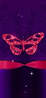 Sparkling red butterfly on purple background wallpaper.