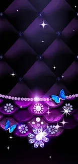 Elegant purple wallpaper with jewels and blue butterflies.