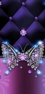 Elegant purple butterfly on velvet background with jeweled accents.