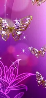 Elegant mobile wallpaper with purple and gold butterflies on a vibrant background.