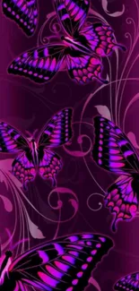 Vibrant purple butterfly wallpaper with elegant swirls.