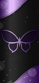 Elegant mobile wallpaper with purple butterfly design on black background.