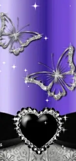 Purple wallpaper with silver butterflies and black heart design.