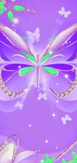 Elegant purple butterfly with sparkles and floral accents on a vibrant backdrop.