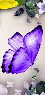 Vibrant purple butterfly with flowers and leaves on a soft background.