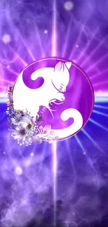 Mystical purple cat with floral design on cosmic background.