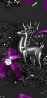 Silver deer with purple bows and black foliage wallpaper.