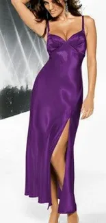 Woman in a stunning purple dress standing elegantly against a vibrant background.