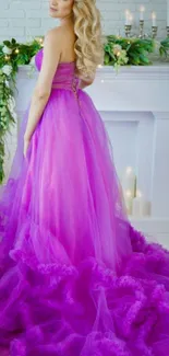 Blonde in a purple gown with ruffled skirt.