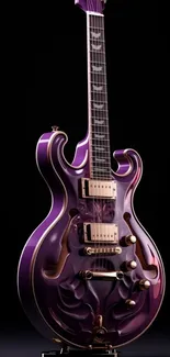 Purple electric guitar against a dark background.