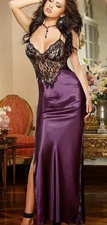 Elegant model in a purple evening gown with luxurious interior background.