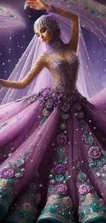 Elegant dancer in purple fantasy gown mobile wallpaper.