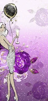 Fashion illustration with purple floral background.