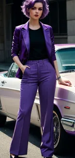 Stylish person in purple beside a classic car.