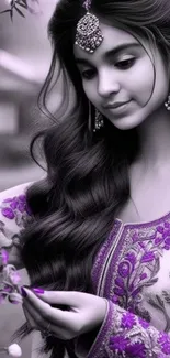 Elegant woman in purple attire and jewelry.