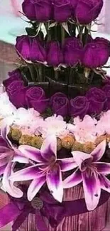 Elegant wallpaper featuring purple roses and lilies in a beautiful arrangement.