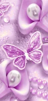 Purple butterfly and flower wallpaper with pearls.