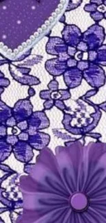 Elegant purple floral wallpaper with lace and heart design.