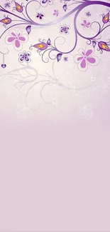 Elegant purple floral wallpaper with delicate flower designs and swirls.