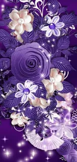 Elegant purple floral wallpaper with roses and sparkling accents.