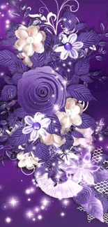 Elegant purple floral wallpaper with flowers and vibrant design.