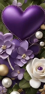 Purple heart with floral design and pearls wallpaper
