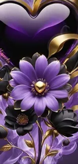 Purple heart with black and gold flowers on mobile wallpaper.