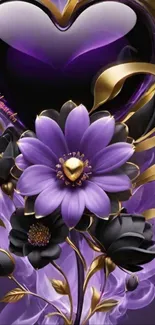 Luxurious purple floral heart wallpaper with gold and black accents.