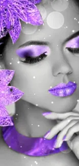 Elegant portrait with purple floral and makeup accents.