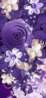 Purple floral wallpaper with roses and sparkling accents.