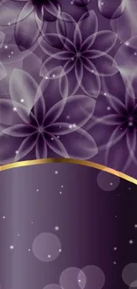 Elegant purple floral wallpaper with golden accent and translucent flowers.