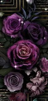 Elegant purple roses wallpaper with geometric gold patterns.