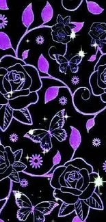 Elegant purple floral and butterfly wallpaper on black background.