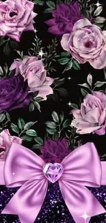 Purple floral wallpaper with bow accent.