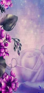 Elegant purple floral wallpaper with delicate blossoms and seamless background.